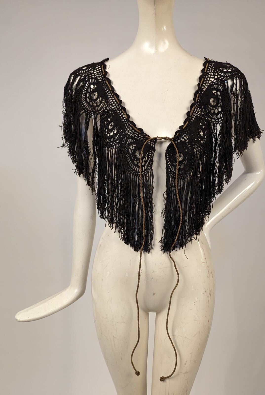 VICTORIAN 19TH C BLACK LACE + FRINGE CAPE W GOLD BULLION TIES