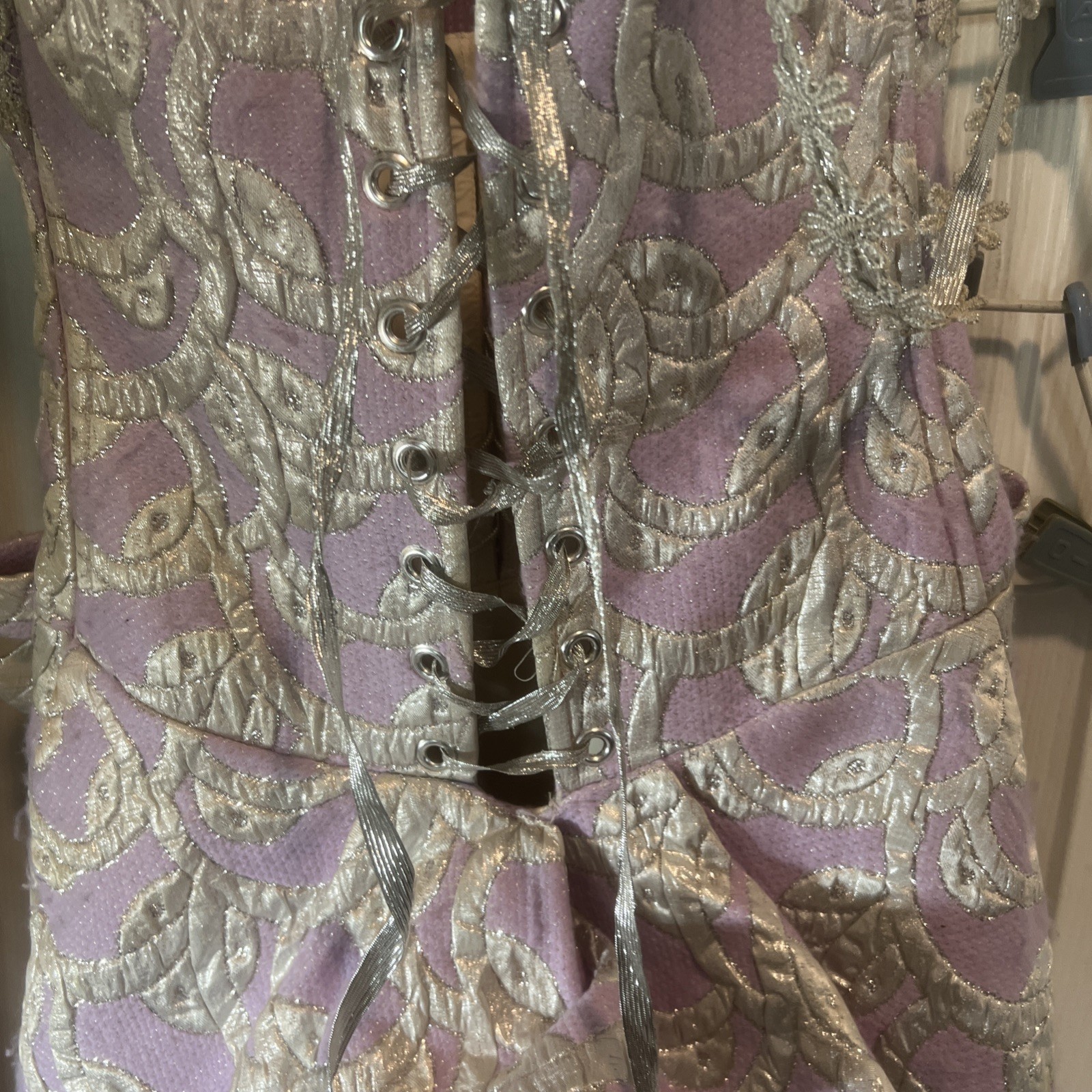 80s Lavender & Silver Brocade Corset Dress Lace Up Back Peplum Bows Detailed