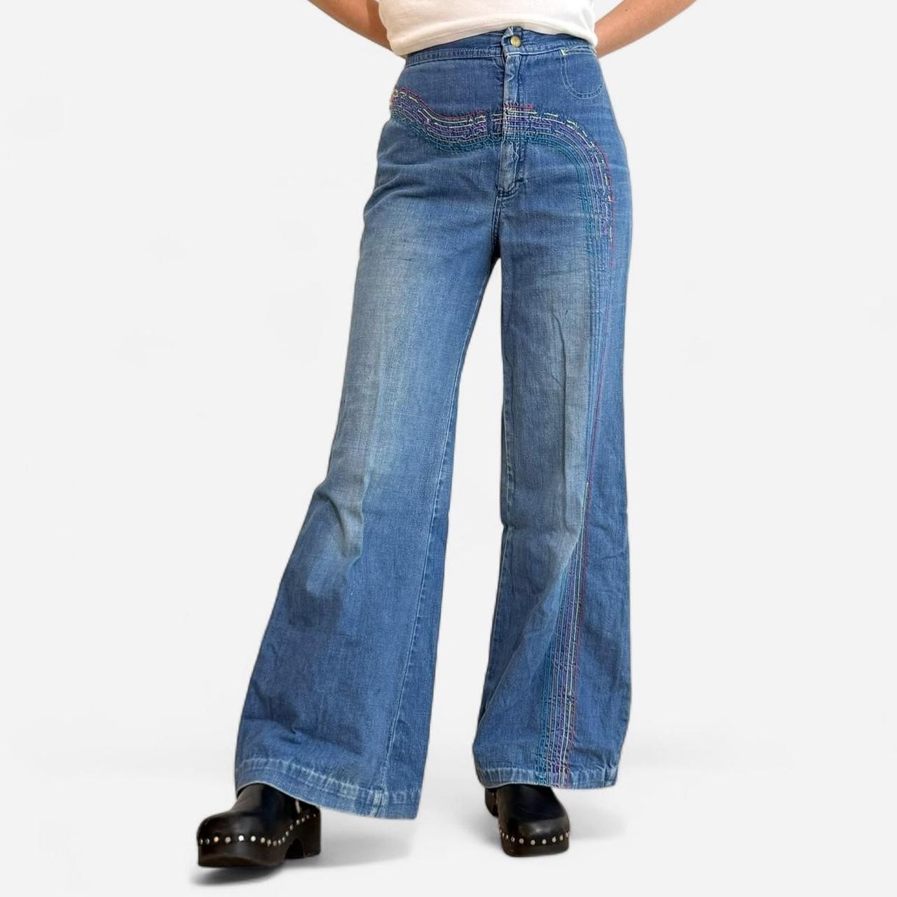 VTG 70s Rainbow Wave Bell Bottoms High Waisted Flare Leg Jeans Scovill Zip 26×31