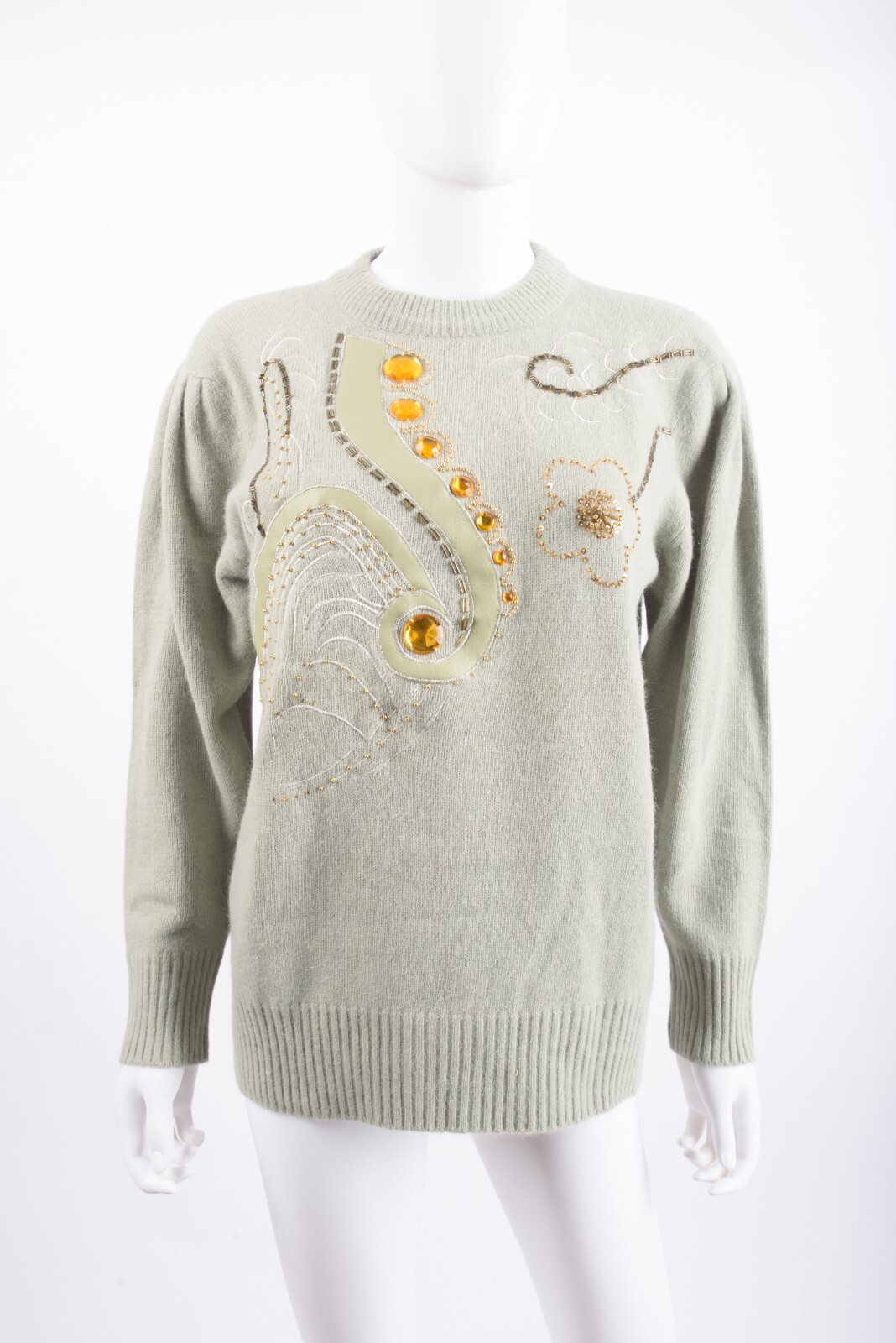Vintage 80s Anna Womans Sweater Size S Wool Sage Green Beaded embellished