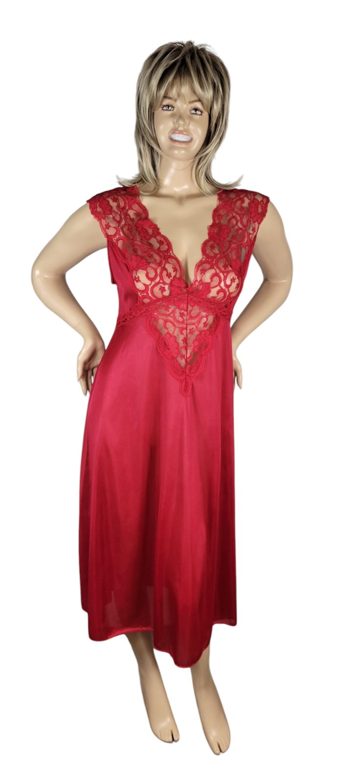 Vintage Soft Moments New York Red Nylon Satin & Semi Sheer Lace Slip Nightgown L