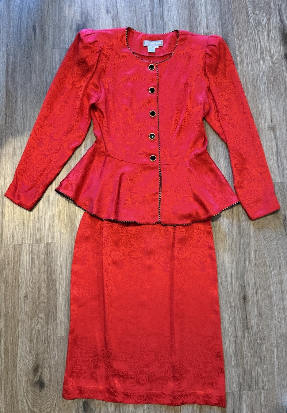 Vintage Courtenay Red Silk Jacquard Peplum Skirt Suit Set 80s 90s Romantic sz 8
