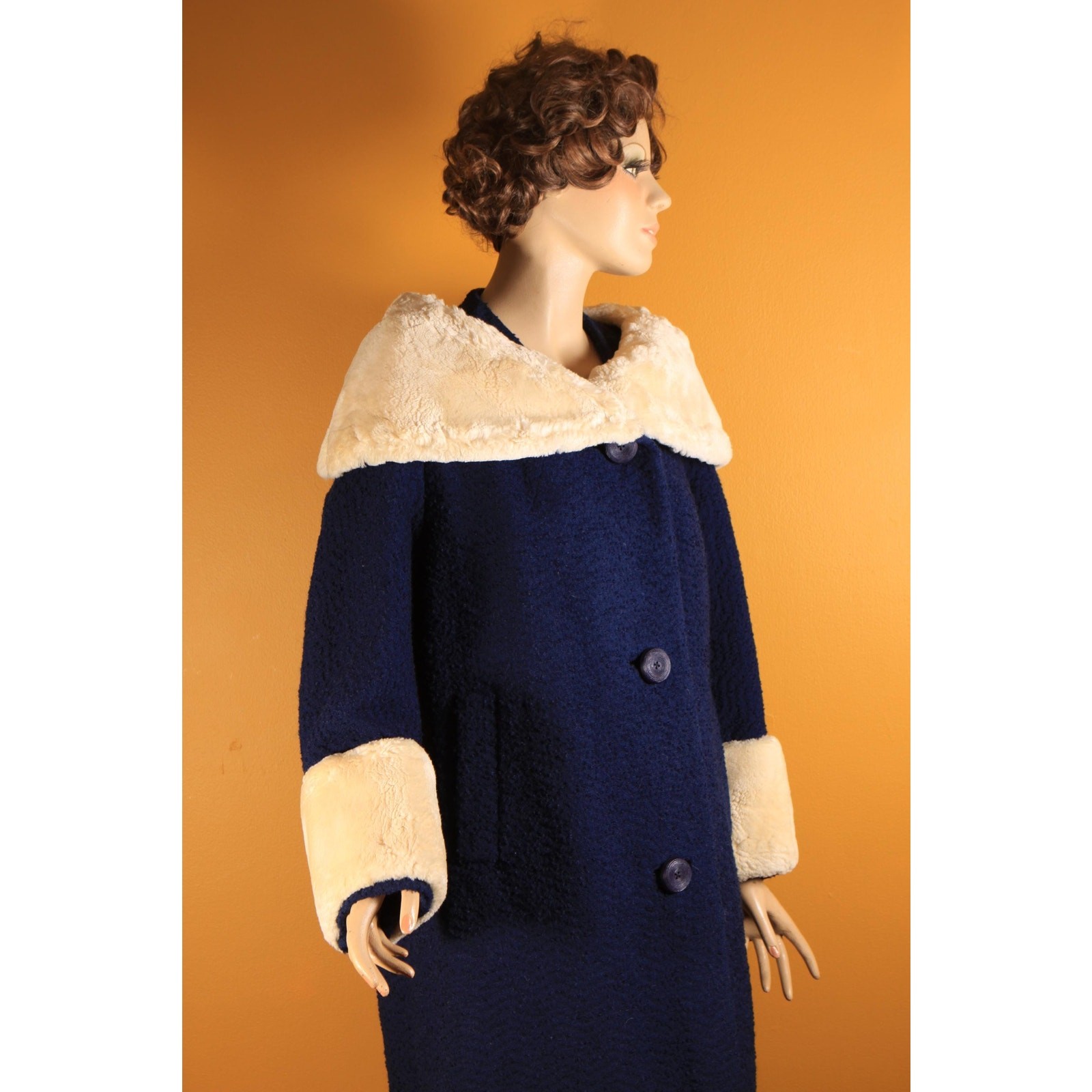 1950s Blue Long Sleeve Cream Sheared Chinchilla Fur Cuff Collar Coat by Adler’s