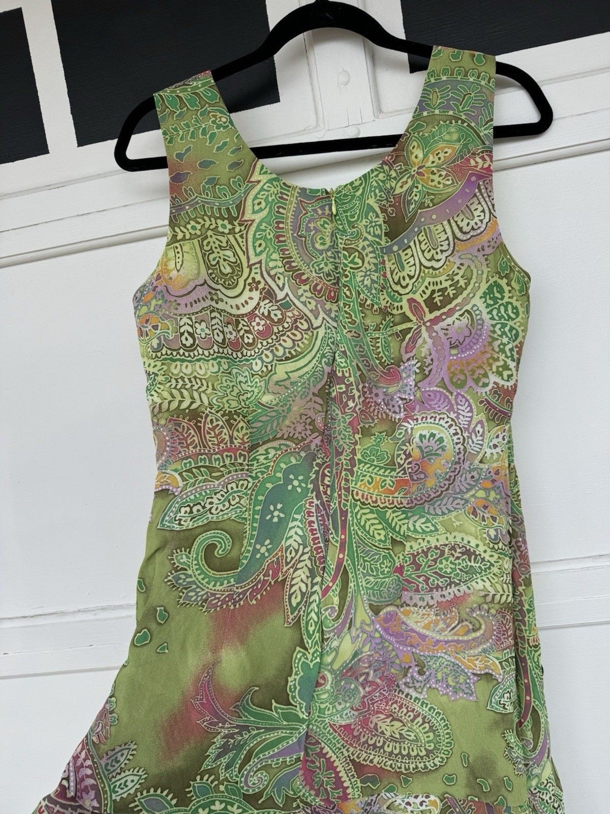 VTG Althuser Dress Viscose Green Pink Ruffled Bottom Batik Zipper Lined Sz 12