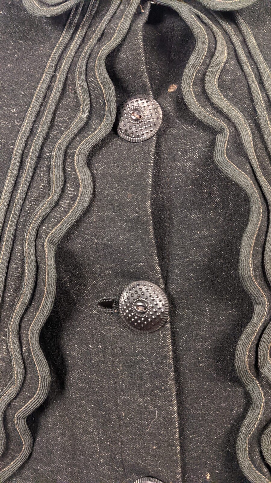 MID 19TH C BLACK & GRAY FLECKED WOOL 2 PC CLOAK W GUTTA PERCHA BUTTONS