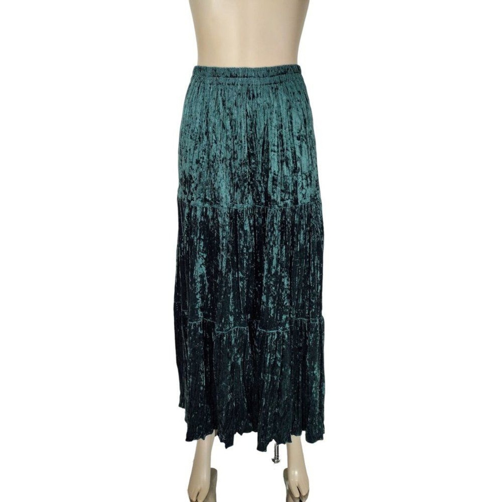 Vintage 70s Western Boho Prairie Green Crushed Velvet Tiered Maxi Skirt Top Set