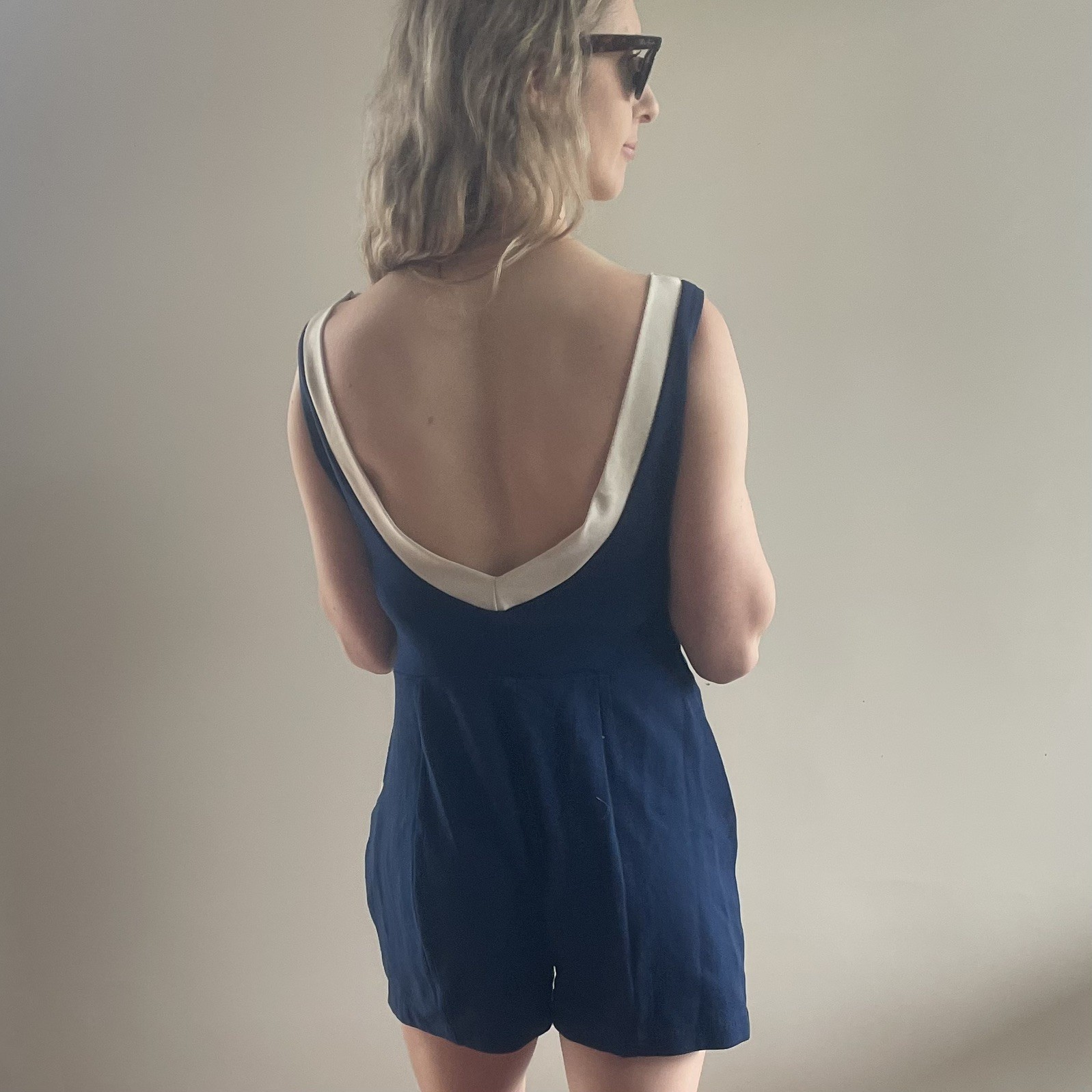 Vintage 50s swimsuit Size L Fair Nylon boy leg pin-up navy blue