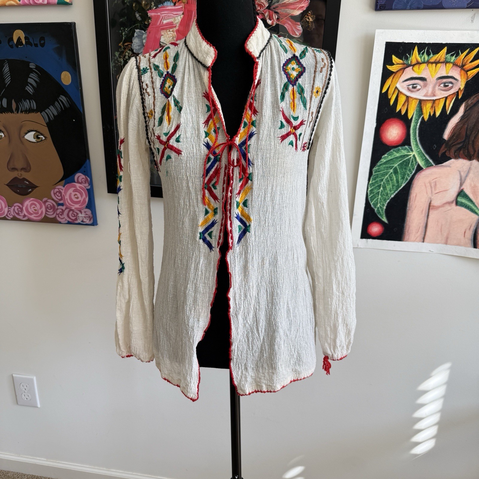 70s HUK-A-POO Embroidered Blouse SMALL Sheer Cotton Peasant Boho Top Vintage