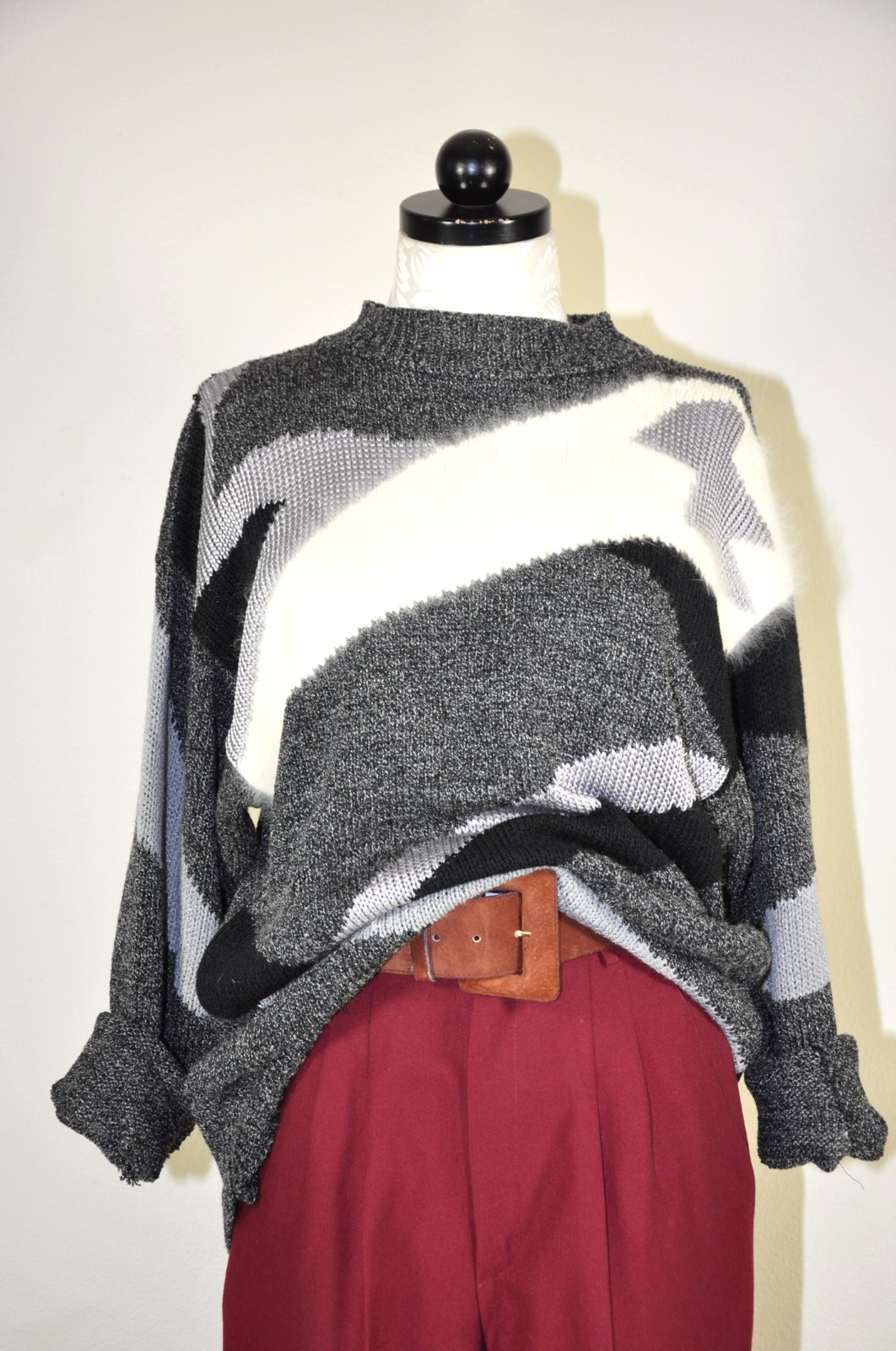 90s Vintage Gray Angora Rayon Colorblock Crewneck Boyfriend Sweater Women M L