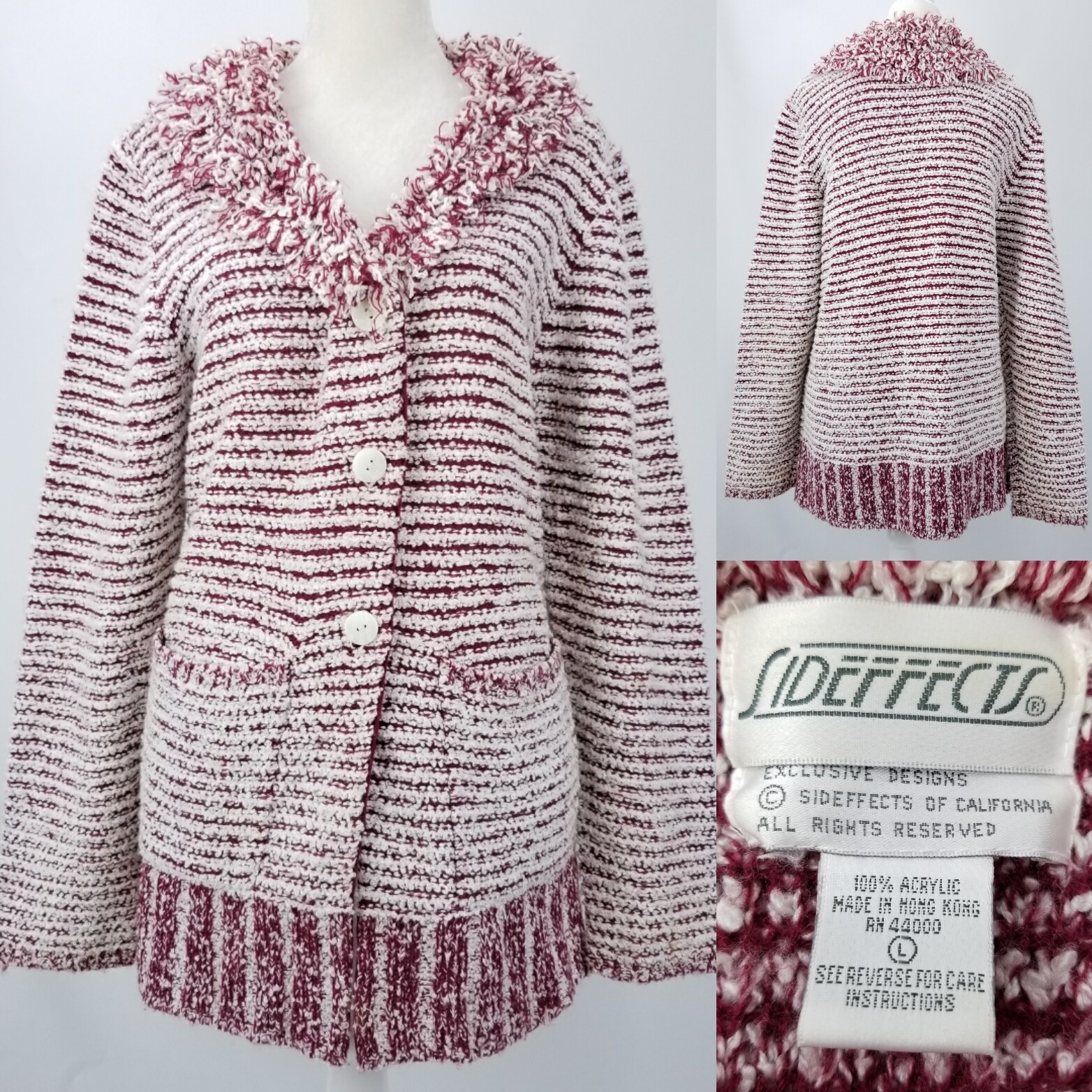 Vintage 80s Side Effects Womens Large Acrylic Fringe Boucle Sweater Cardigan Top