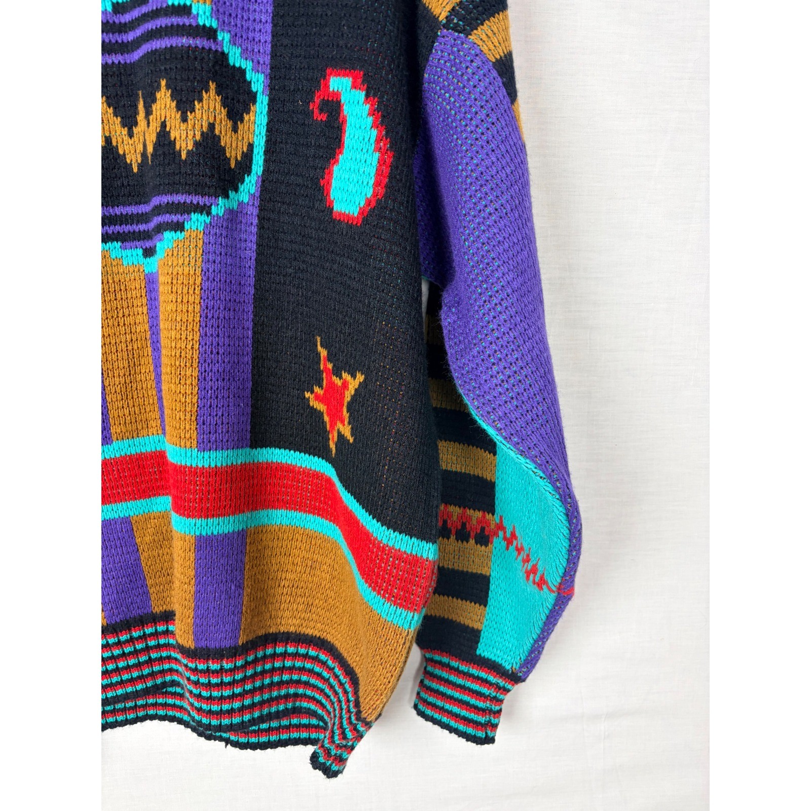 Zeppelin Vintage 90s Abstract Geometric Womens Knit Sweater XL Black Multi