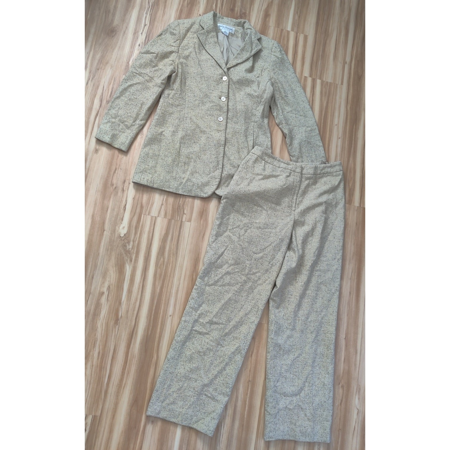 Vintage Rena Rowan Womens Tan Wool Blend Blazer & Pants Size 8/10 Suit Set Tweed