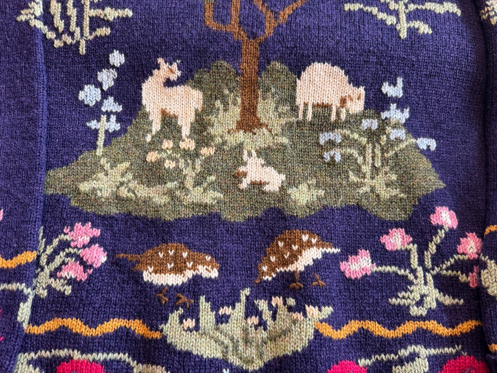 Vintage Susan Bristol Hand Embroidered Pastoral Animal Sweater 1989 Wool 38