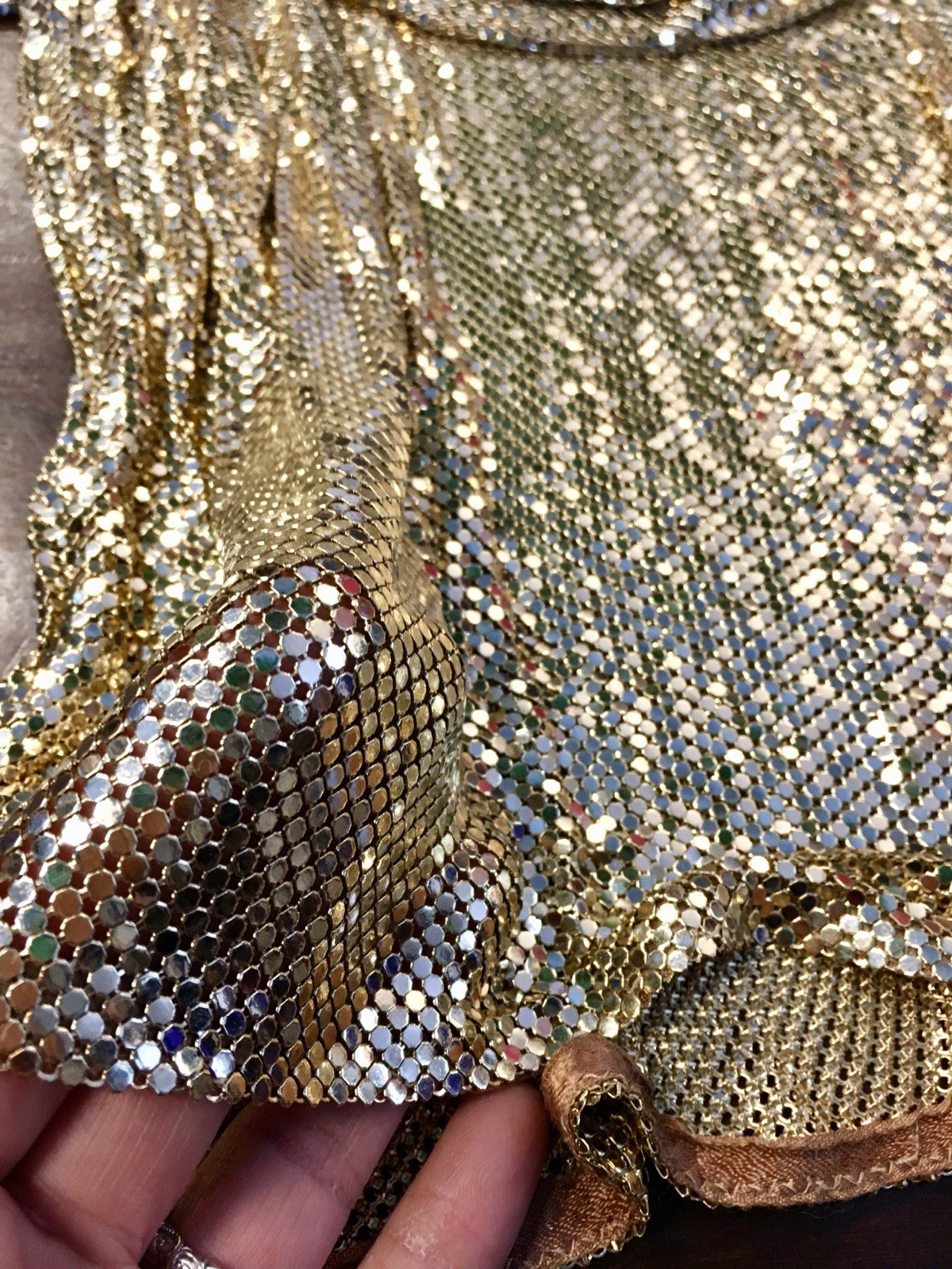 Vtg Whiting Davis Liquid Gold Metal Mesh Chain Mail Draped Front Top 70s Disco M