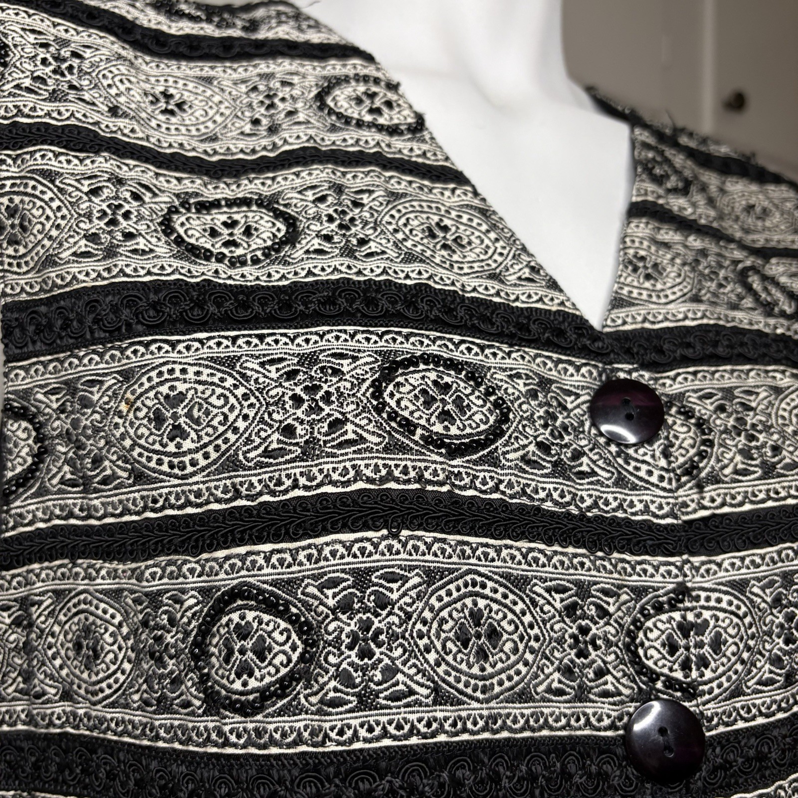Vintage 90s Black White Embroidered and Beaded Tapestry Button Up Vest