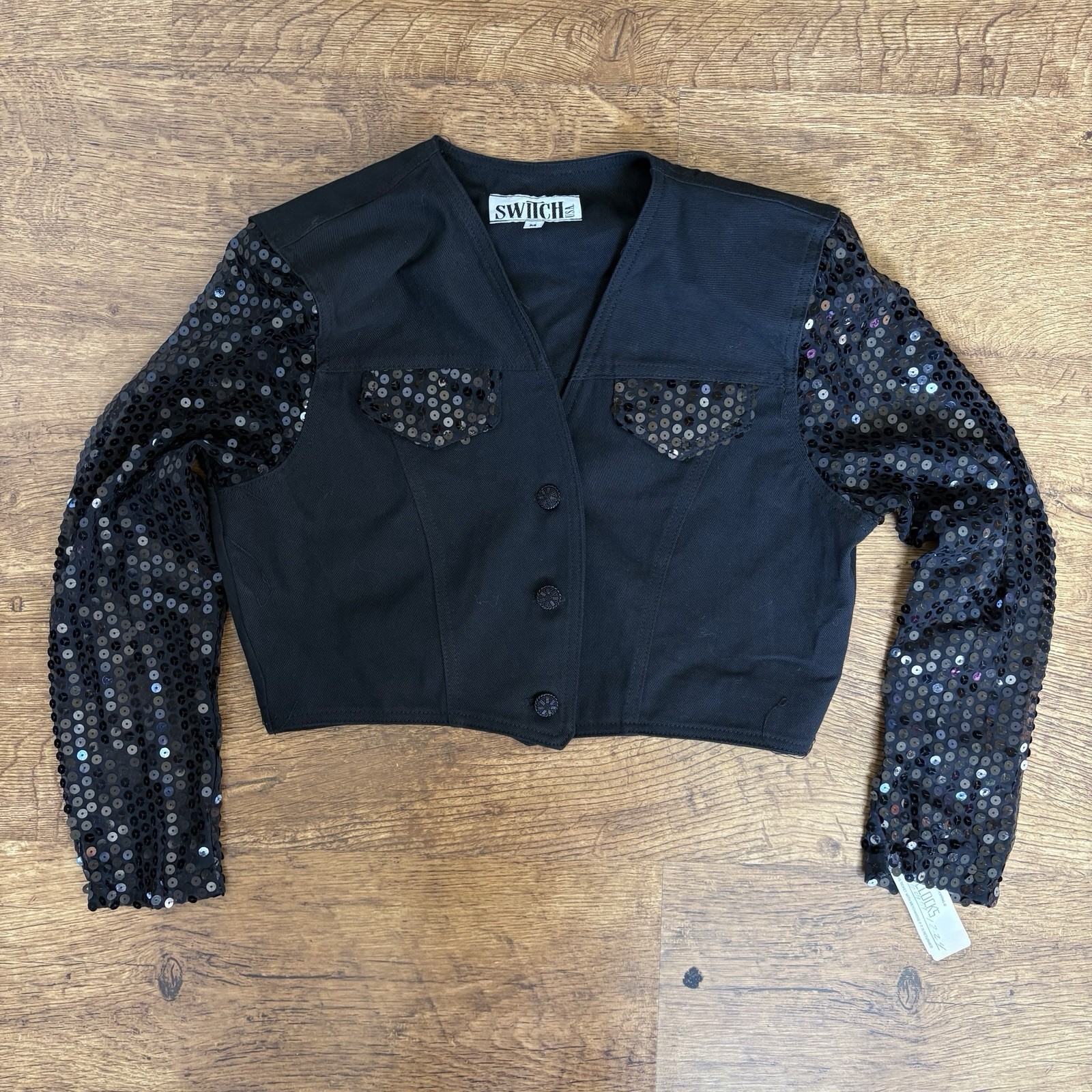 Vintage 80s black sequin embellished cropped bolero jacket. Brand Switch Size M