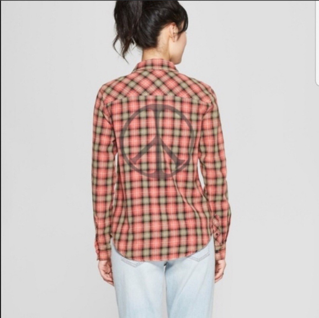 Junkfood Women’s Vintage Multicolor Plaid Flannel Shirt 90s Peace Sign Size XXL