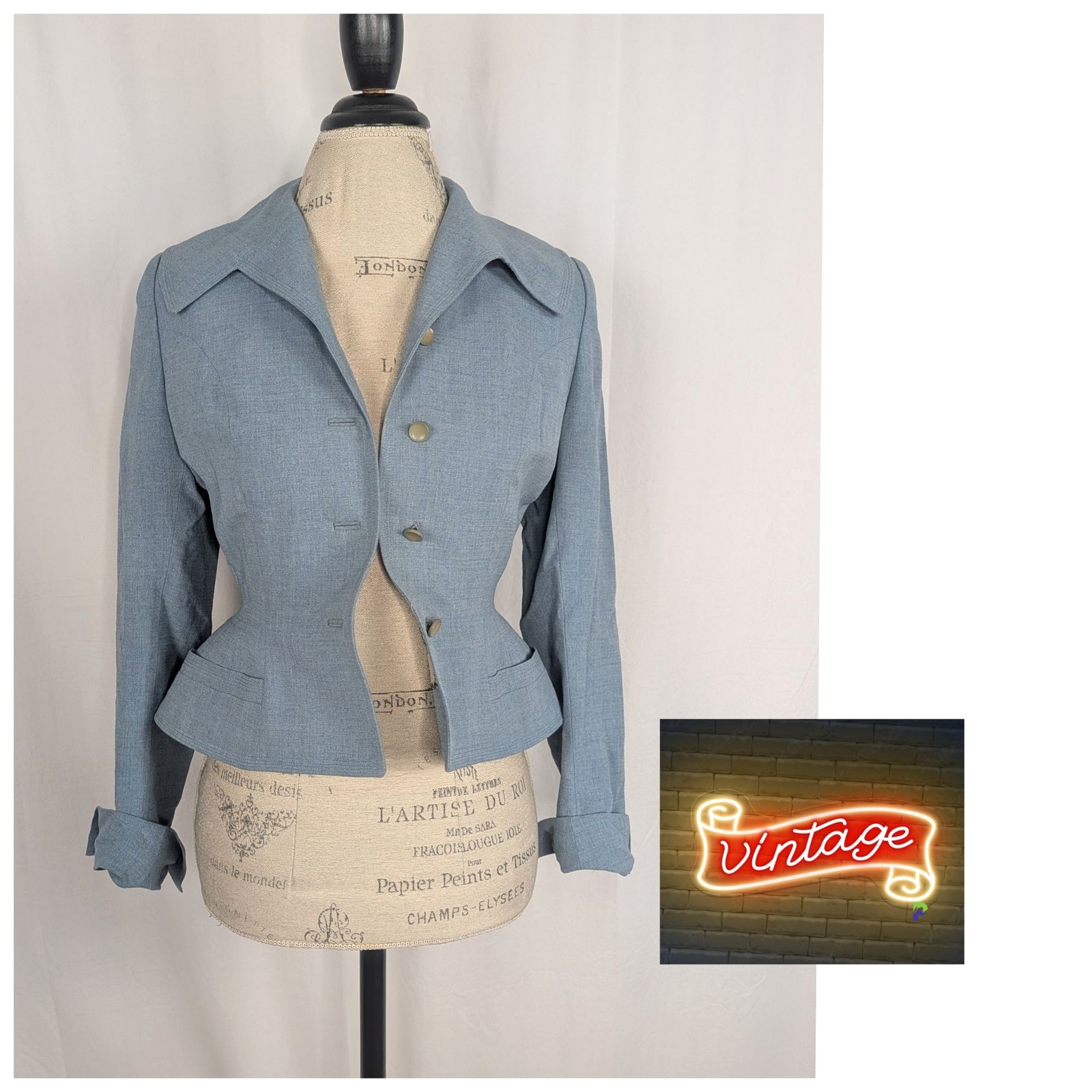 Vintage Antique Leslie Fay Blue Blazer X Small 2 Retro Pin Up