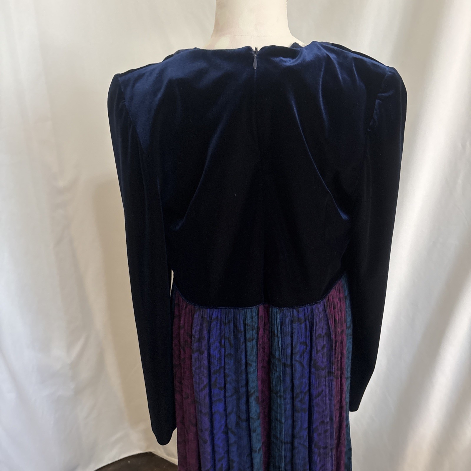 1980s Velvet Color block Midi Dress, Jewel Tone Boho Prairie Style Cottagecore