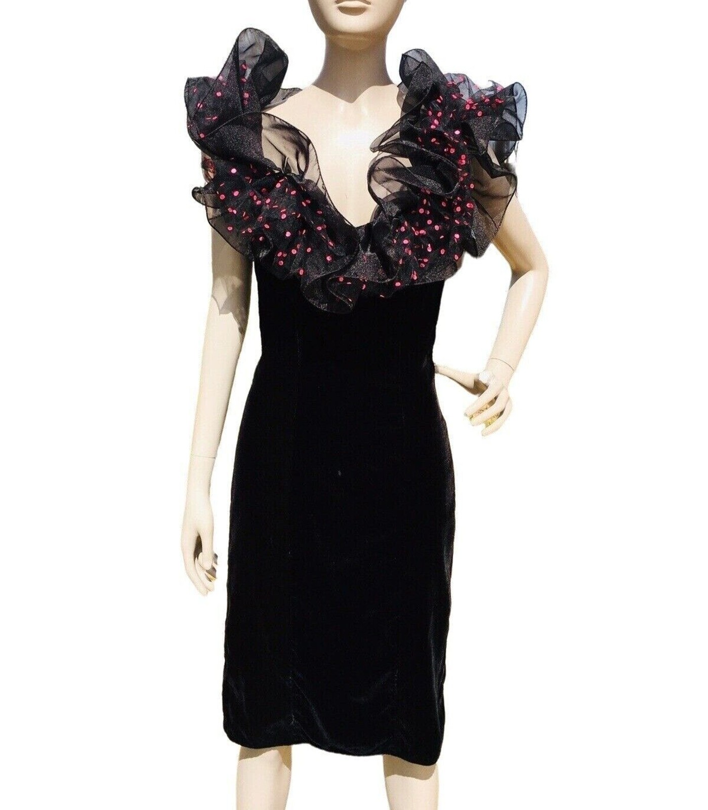 VTG 90s LORALIE Velvet Wiggle Pencil Dress Avant Garde Puffy Tulle Ruffle Sleeve