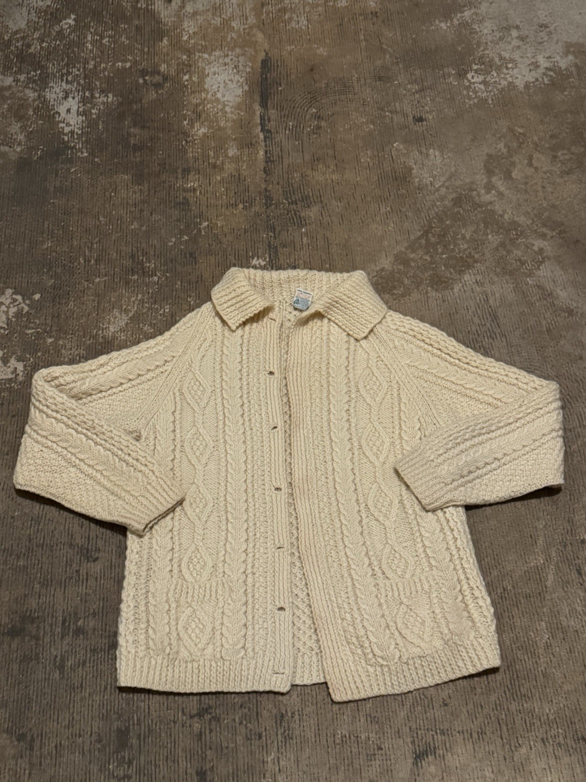 Vintage Una O’Neill Aran Handknits Wool Cardigan Sweater Irish Cream White