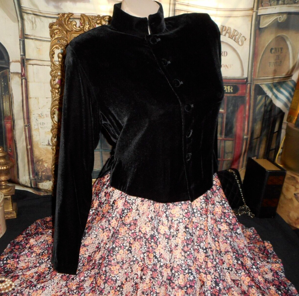 4P Black Velvet Top High Stand Up Collar Waist Length Long Sleeve Ann Taylo