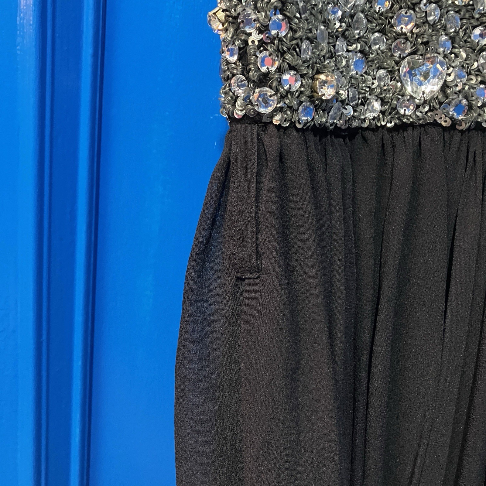 Vintage 90s Style Black Silver Sequin Diamonte Cocktail Mini Dress Sz 10 approx
