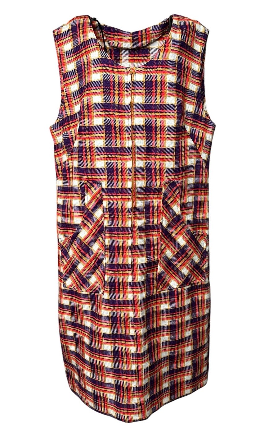 Plaid Jumper Dress Dutchmaid 70s Zip Front Pockets Size 38 Vintage