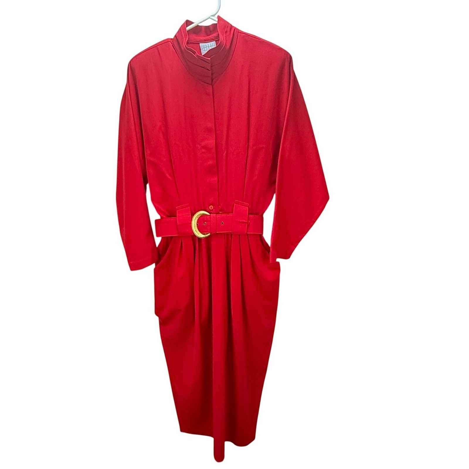 Rabbit Designs Midi Powersuit Dress 10 Red Vintage 80s Belted Mock Neck Work USA