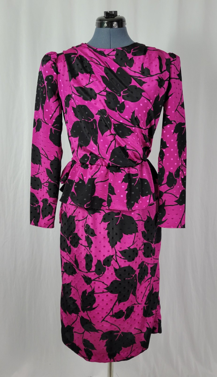 Vintage Jody of CA Pink & Black Faux Wrap Dress w Peplum & Tie Back Size 3/4