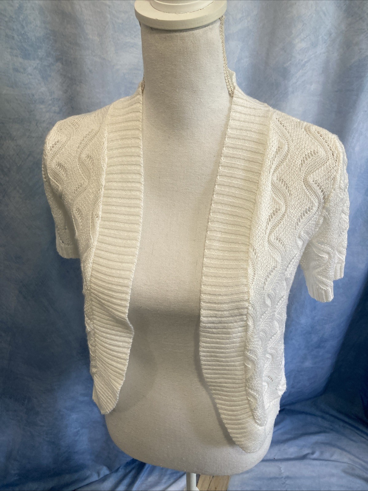 Vtg 90s Notations White Knit Shrug Cardigan Sweater Short Sleeve Mall Small USA