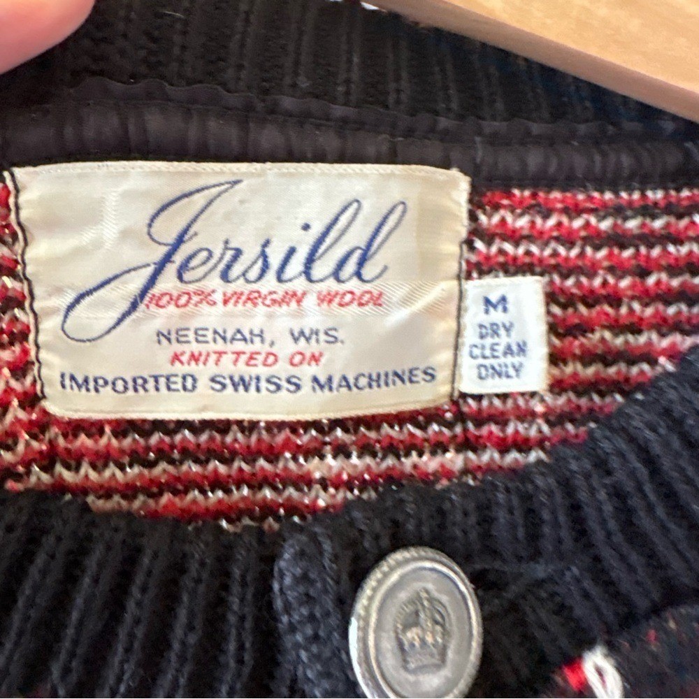 Jersild Cardigan Sweater Womens Medium Red Black Wool Fair Isle Vintage Nordic
