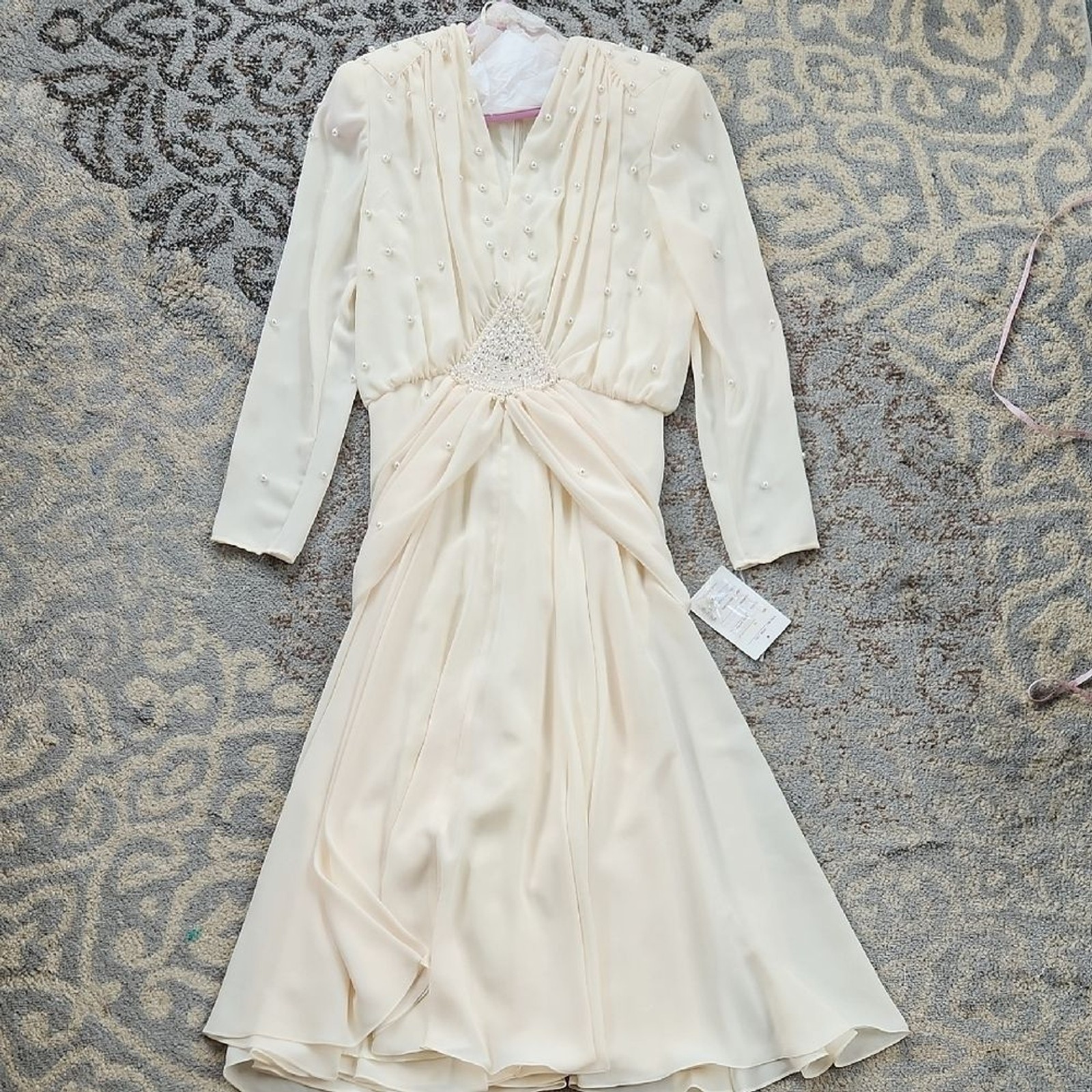 Vintage Pia Rucci Beaded Pearl Long Sleeve Midi Dress Cream 12
