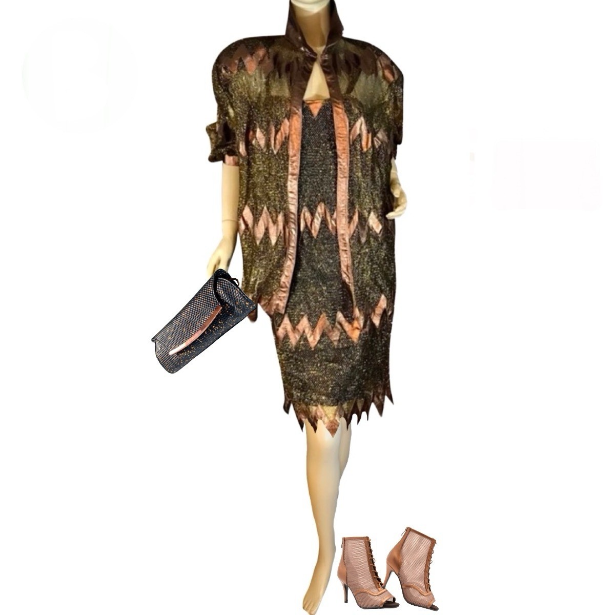WOMEN’S VINTAGE 1980’S BROWN & GOLD LEATHER & MESH KANAR COCKTAIL DRESS SZ M