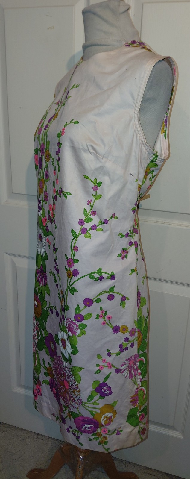 Vintage 60s Pink Floral Cotton Shift Dress Liberty Circle Sleeveless B40