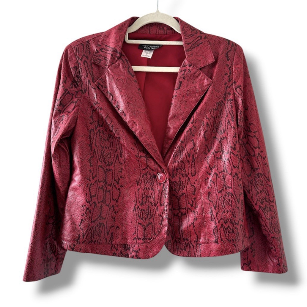 Vintage 90s Soft Works Red Faux Leather Snake Print Jacket Women’s Size 8 Moto