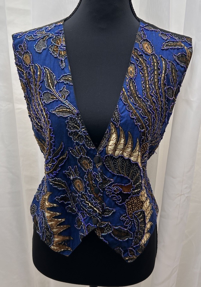 Vintage Tan Cita Womens M Blue Gold Beaded Embroidered Vest Boho Y2K Tie Back