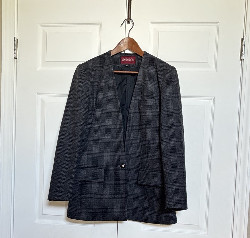 Sasson Paris NY Blazer Jacket Gray Plaid One Button Lined Womens Size 10