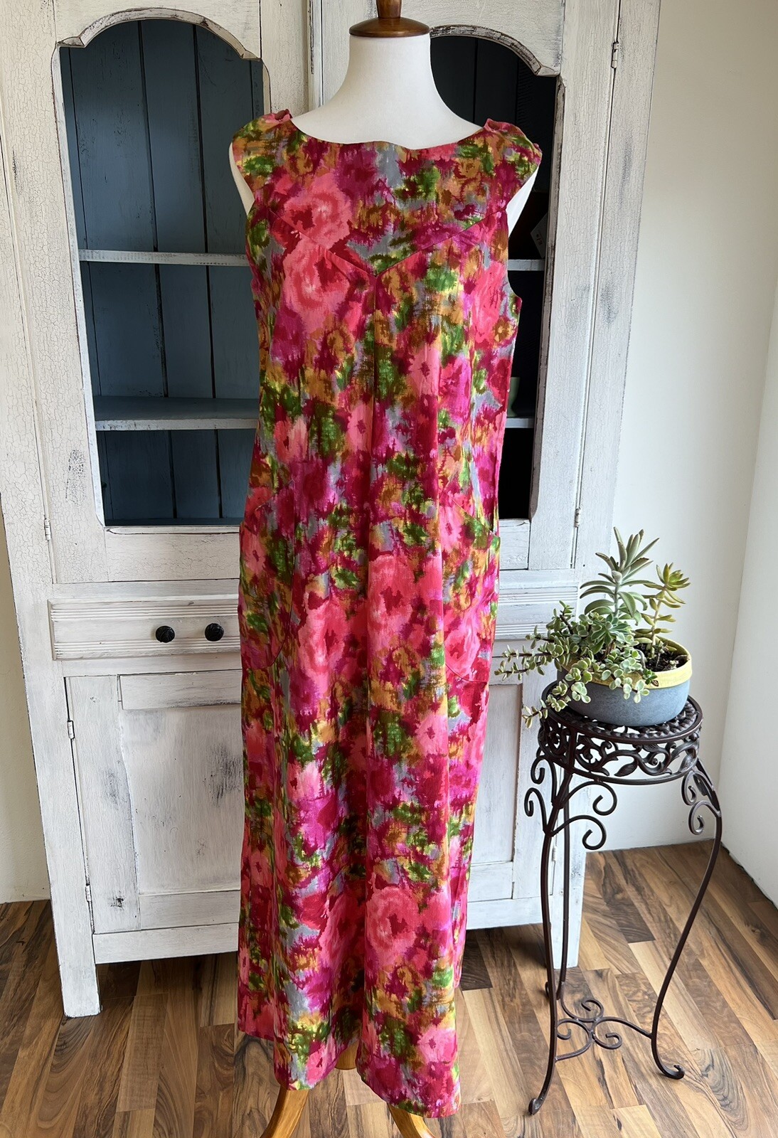 Vtg 60s Meena of California Mod Pink Floral Sleeveless Maxi Dress MCM See Notes
