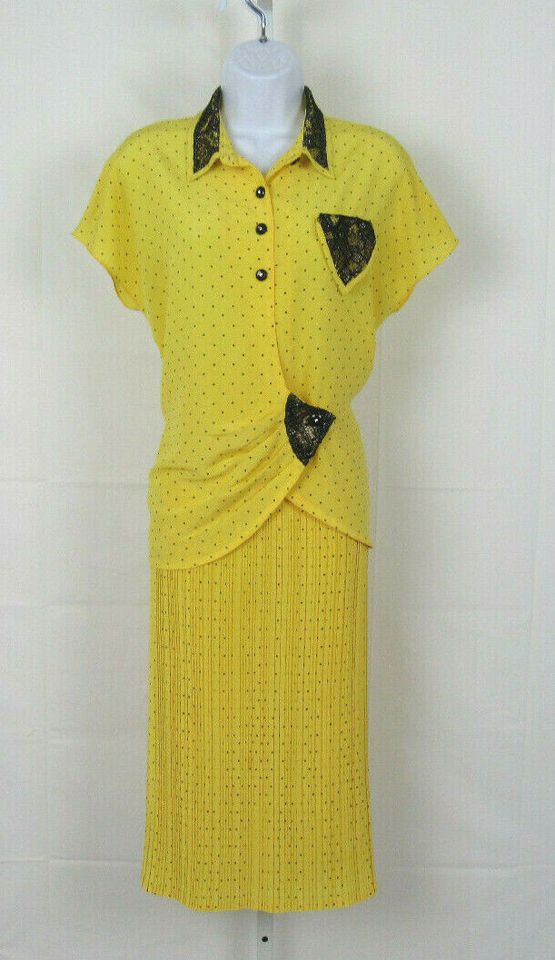 VTG 1980s GAUNILLO OF FRANCE DESIGNER SKIRT & TOP YELLOW BLACK & SILVER LACE