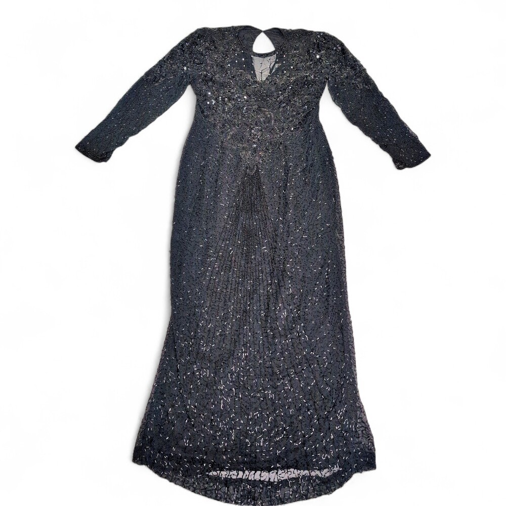 Vintage Nite Line Black Beaded Silk Maxi Dress Size 12