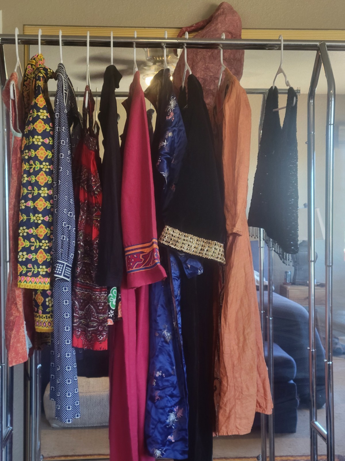 VINTAGE 1960S 1970S LOT, DRESSES,TOP, MINIS,BEADED, BOHO, GLAM (10) ITEMS IN LOT
