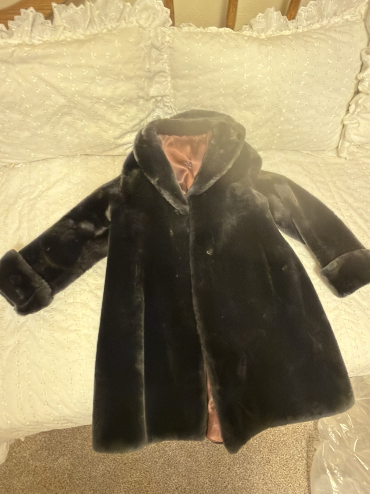 Vintage 1950s BLK Mouton Fur Swing Coat Genuine Sheared Lambskin