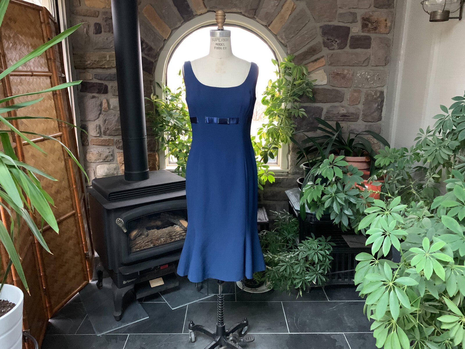 Vintage 1990s Navy Blue Crepe and Satin Evening Dress Daymor Couture