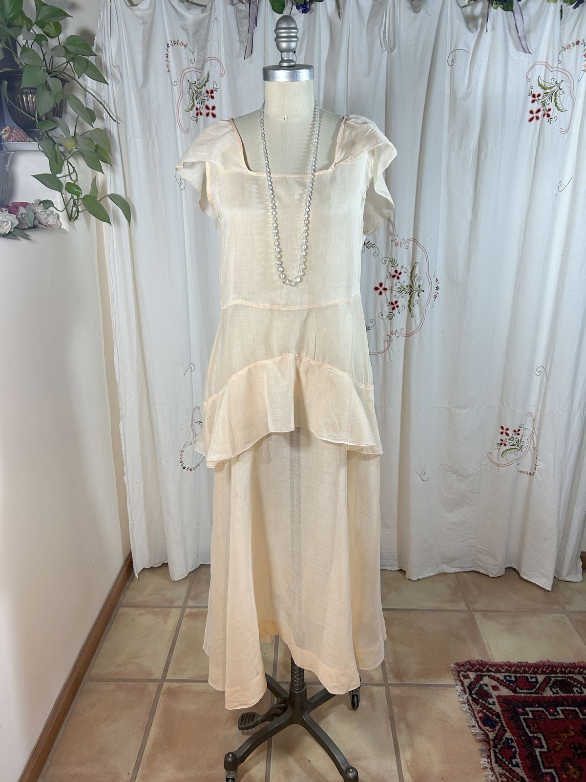 Antique 1920s Peach Sheer Muslin Flapper Dress Capelet Collar Sleeveless sz 4/6