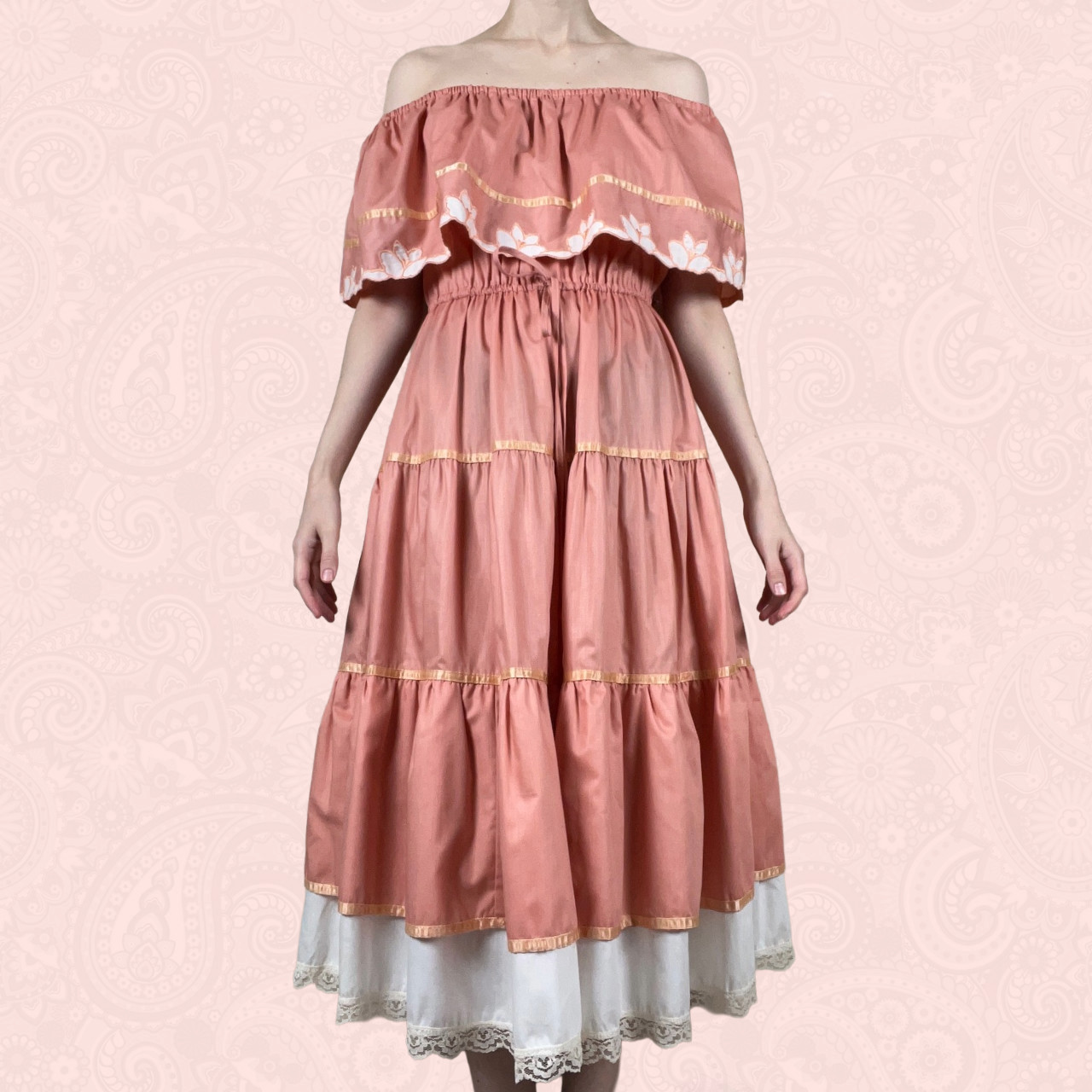 Vintage 70s Young Edwardian Arpeja Pink Off Shoulder Lace Midi Peasant Dress XS