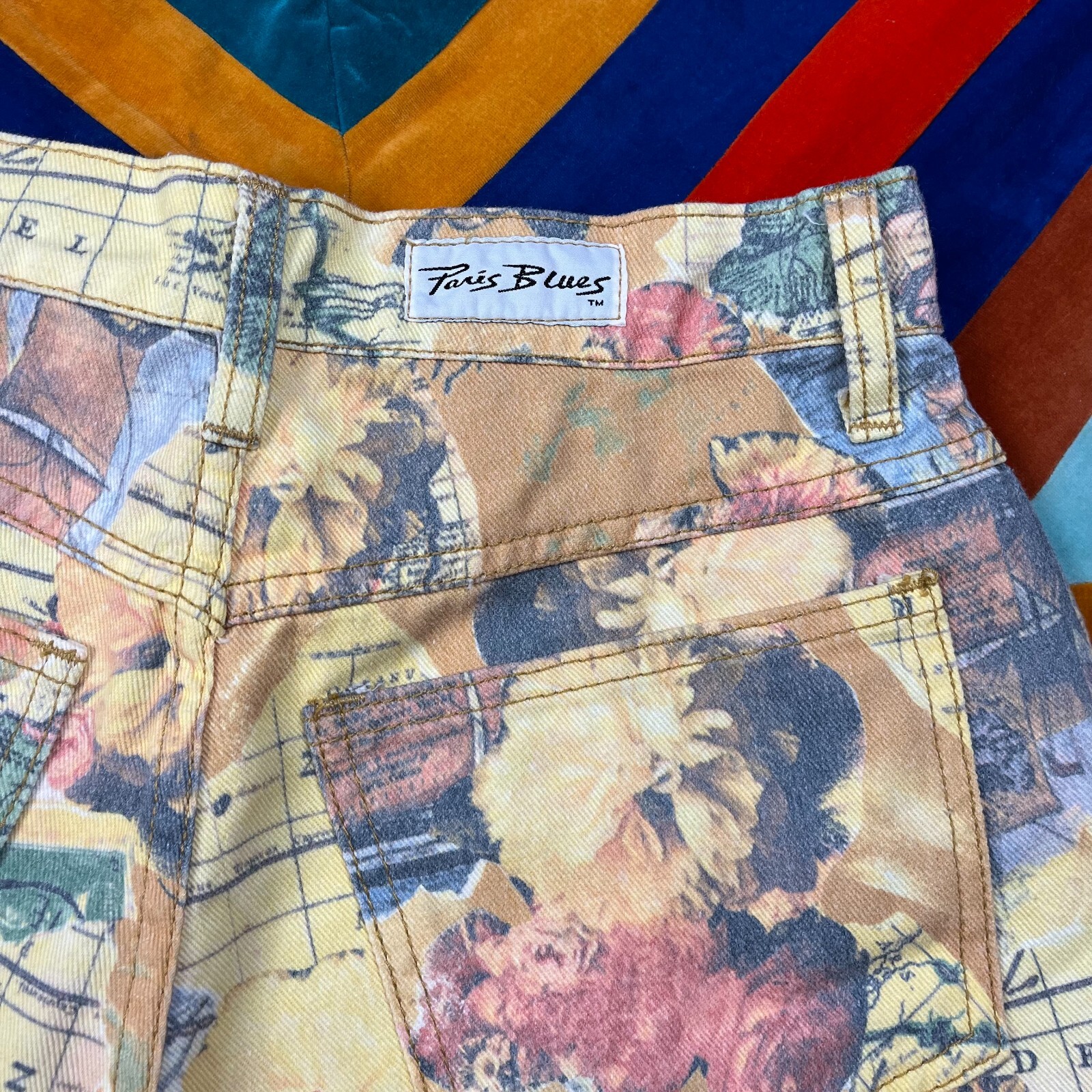 Vintage Map Collage Print Denim Shorts by Paris Blues Button Fly Yellow Size 9