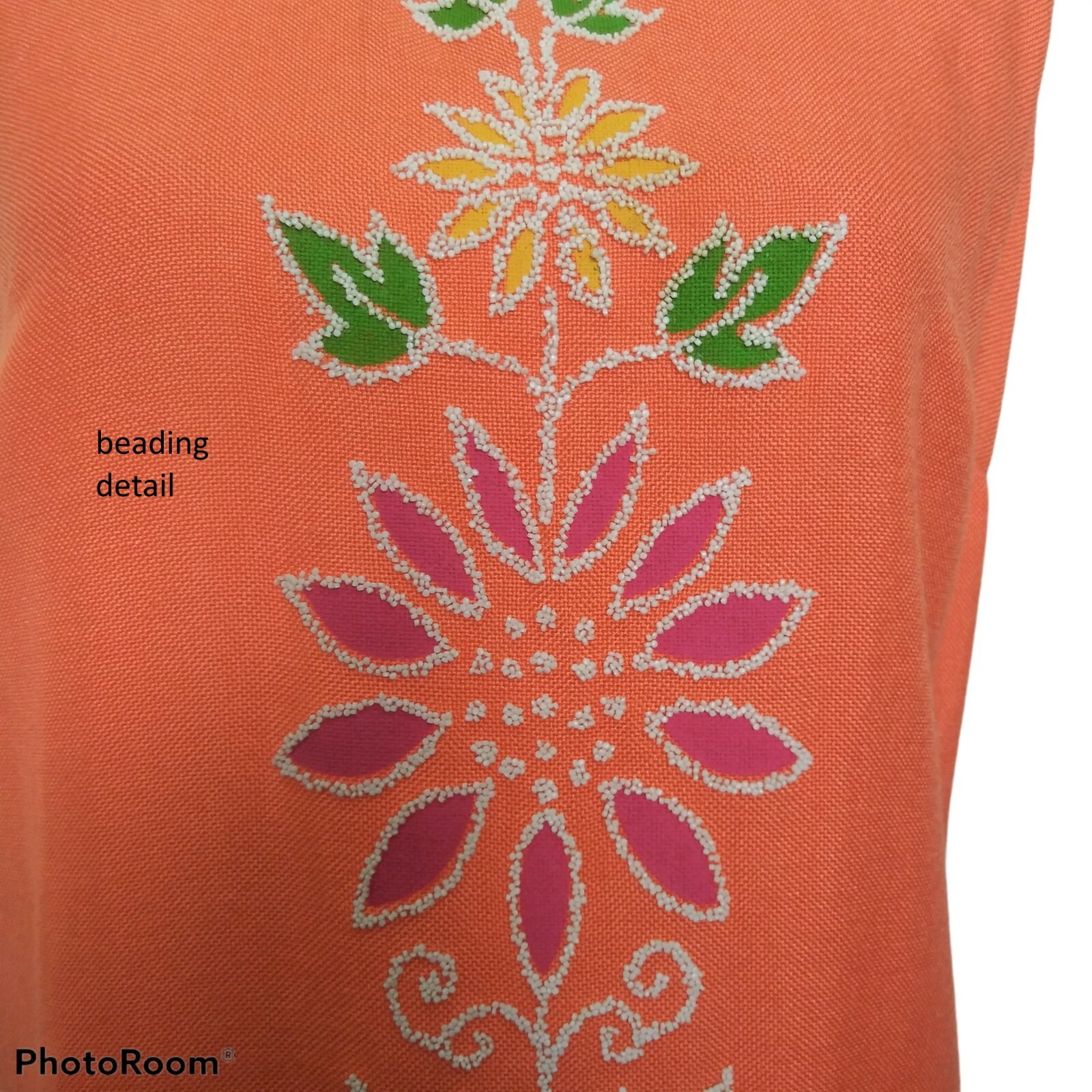 Vtg 60s Joe Daniels Orange Floral Shift Dress 36B 33W 36H Beaded Mod MCM