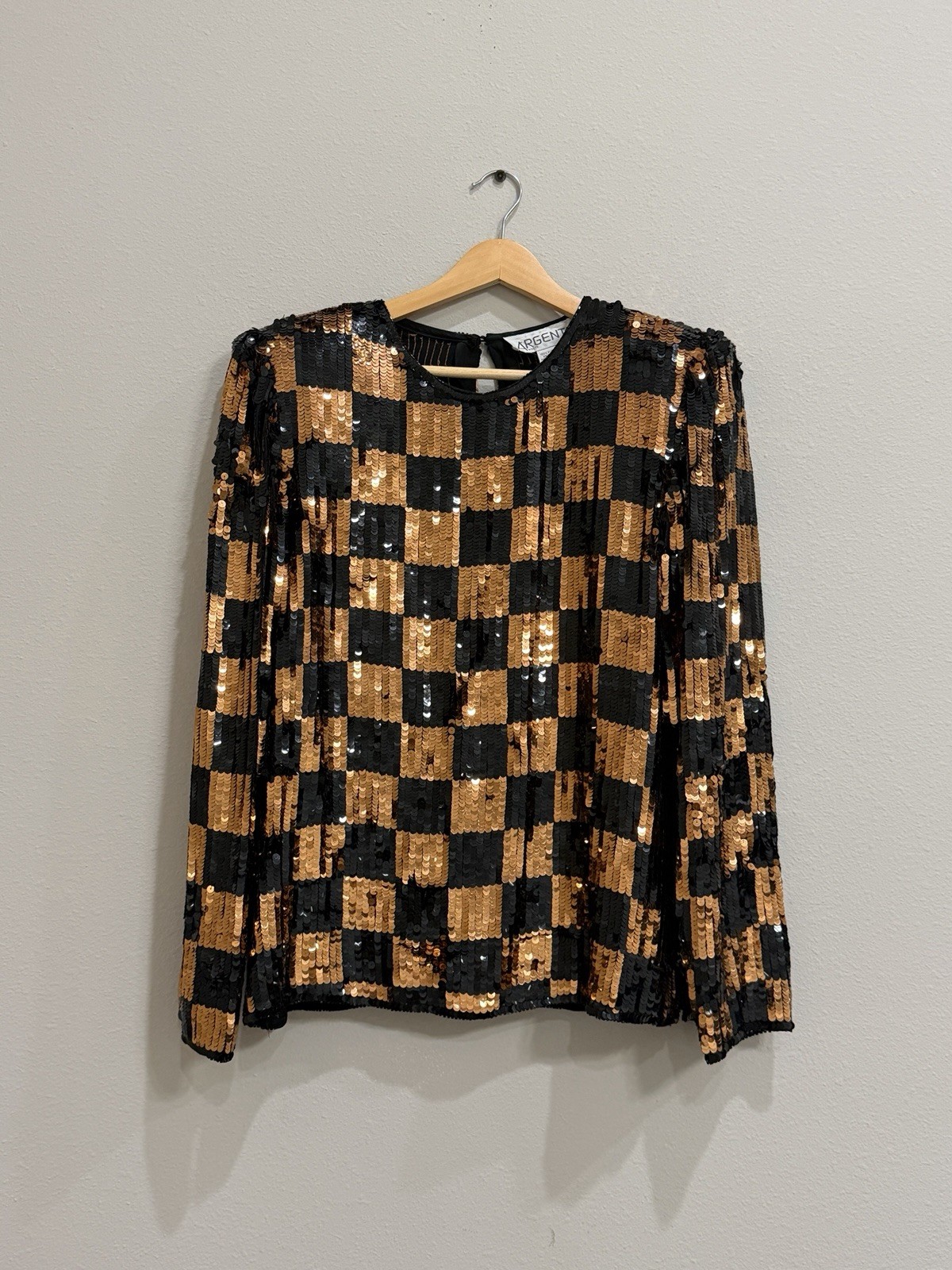 Vintage Silk Black Gold Copper Checkerboard Sequin Blouse Argenti Notte Medium