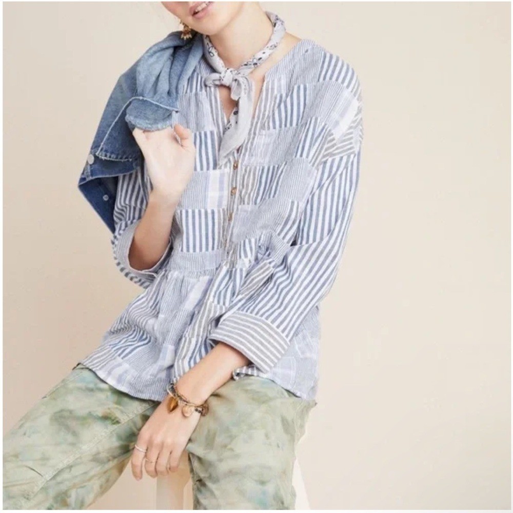 Anthropologie Maeve The Zoe Swing Blouse Blue Patchwork Oversized A29 Size L